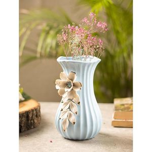 Vase à fleurs en céramique bleue de luxe avec embellissement floral 3D, vase décoratif pour table, salon, chambre, bureau, décoration de la maison - Product Image 2