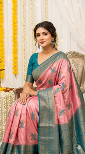 Sari de seda con estampado digital rosa y verde azulado para mujer, ropa tradicional de boda, largo hasta el suelo, sin arrugas, ajuste regular. - Product Image 5