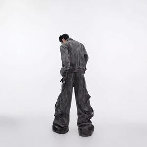 High Quality Oversized Men Baggy Gray Denim 2 Piece Set Cargo Pocket Vintage Washed Man <b>Tracksuit</b> Set - Product Image 3
