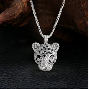 Iced Out Leopard Head Pendant for <b>Men</b> Silver Tone Moissanite Hip Hop Jewellery with <b>Black</b> Detailing - Product Image 2