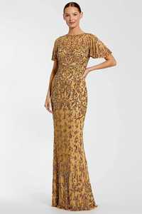 Elegante Vestido de Noche Largo con Cuentas y Flores, Corte A, Cuello Redondo, Manga Casquillo, Cintura Natural, Satén Bordado - Product Image 5