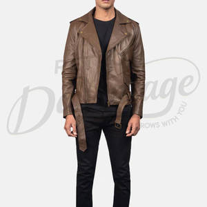 Veste de motard en cuir marron de qualité supérieure pour homme, en véritable peau de mouton, avec fermeture éclair asymétrique et ceinture, style sport et mode - Product Image 3