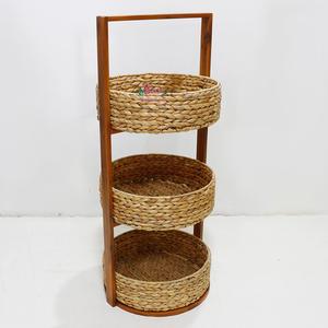 Three Tier Rattan Storage Rack with Wooden Frame Round Baskets for Home Organization <b>Rustic</b> Style Handmade - Product Image 1