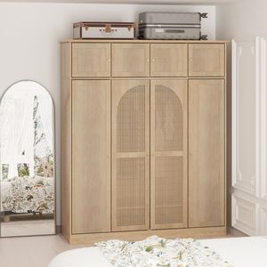 Armadio a 8 Ante di Grande Capacità, Alto 180 cm, con Ripiani Regolabili, Ante Decorative in Rattan, Asta Appendiabiti Inclusa - Product Image 6