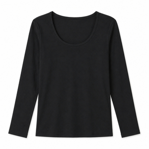 T-shirt à manches longues et col rond noir pour femme, en jersey uni, haut décontracté - Product Image 2