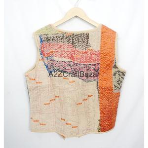 100% Cotton Breathable Printed Logo <b>Kantha</b> Quilted V-neck Waistcoat Women Handmade Unique Spring Summer Autumn Winter Sleeveless - Product Image 6