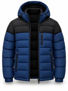 Men's Blue Black Hooded Puffer <b>Jacket</b> Waterproof Windproof Zipper Closure Polyester Wadding Winter <b>Casual</b> Coat Front Logo - Product Image 3