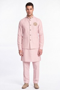 Ensemble de costume indo-occidental pour homme de couleur rose, veste Jodhpuri brodée de luxe avec kurta et pantalon, costume 3 pièces, costume de mariage - Product Image 1