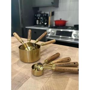 60ml Capacity Metal Measuring Cups & Spoons Sets <b>Gold</b> Color With Wooden Handles <b>Kitchen</b> <b>Accessory</b> Supplies Custom Logo Printing - Product Image 2