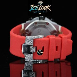 Reloj de cuarzo con cronógrafo, bisel de diamantes, correa roja, esfera dorada, moda de lujo - Product Image 3