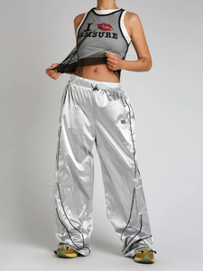 Metallic Silver <b>Parachute</b> <b>Pants</b> Women Vintage Elastic Waist Wide Leg Casual Sweatpants Jazz Dancer Skater Y2k Clothes - Product Image 4