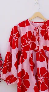 Vestido Mini Casual de Verano para Mujer, Color Rosa, Estampado Floral, Manga Abullonada de Algodón, Corte Holgado, Cuello con Lazo - Product Image 4
