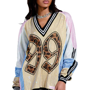 Jersey de Fútbol Americano Personalizado para Mujer, con Lentejuelas y Malla, Estilo Y2K, Cuello en V, Diseño de Leopardo con Número, Jersey de Fútbol de Diseñador - Product Image 5