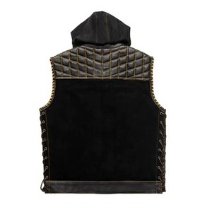 Chaleco de Motociclista de Cuero con Capucha y Acolchado de Diamantes para Hombre, Chaleco de Cuero Vacuno Premium para Motociclistas con Espacio Oculto para Portar Objetos - Product Image 2