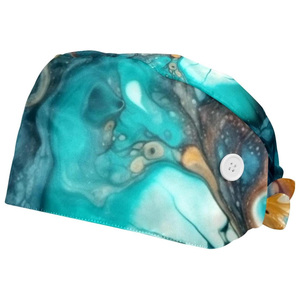 Casquette chirurgicale unisexe en polyester/coton à imprimé marbre turquoise avec fermeture à bouton, accessoire d'uniforme hospitalier, détection d'aiguille - Product Image 1
