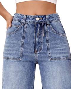 กางเกงยีนส์เดนิมทรงคาร์โก้สีฟ้าอ่อนเอวสูงทรงขากว้างมีกระเป๋าปะ สไตล์สตรีทลำลองสำหรับผู้หญิง ทรงหลวม รับผลิตแบบ OEM ตามสั่ง - Product Image 2