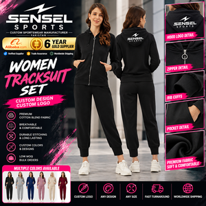 ชุดวอร์มผู้หญิงแบบ unisex สกรีนโลโก้ได้ ระบายอากาศได้ดี แห้งเร็ว ผ้าฝ้ายผสมขนแกะ มีซิปที่ฮู้ดและปลายแขนเสื้อ ชุด 2 ชิ้น ซิปที่ปลายแขนเสื้อและปลายขาเสื้อ - Product Image 1