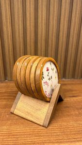 Mango Wood <b>Round</b> <b>Coaster</b> Set of 6 with Wooden Holder Floral Printed Tea Coffee Drink <b>Coasters</b> for Cups Mugs Glasses Table - Product Image 4