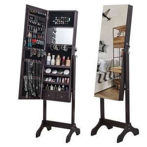 Armadietto a Specchio Regolabile con 4 Ripiani in Legno, 2 Cassetti e Specchio Interno, Organizzatore per Gioielli - Product Image 1