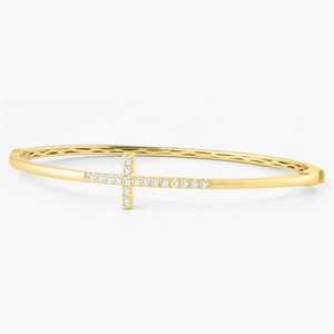Brazalete Cruzado de Diamantes Personalizado, Minimalista, de Lujo para Uso Diario, Regalo Cristiano, Brazalete de Oro Sólido de 14K y 18K con Diamantes, Venta al por Mayor - Product Image 1