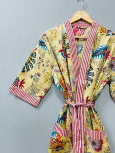 Kimono de Verano Estampado Mukut, Estilo Bohemio, Cuello en V, 100% Algodón, Cierre con Cordón, Lujoso, Casual, Largo, para Descansar - Product Image 3