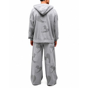Custom Embroidery <b>Oversize</b> Acid Wash Flared <b>Sweatpants</b> and Denim Jeans Work Suit Jacket Tracksuit Men's Outerwear Set - Product Image 3