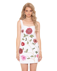 Handcrafted White Embroidered <b>Mini</b> Dress with Floral Zardosi Work Elegant Sleeveless Square Neck Shift Dress - Product Image 3