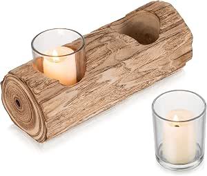 Rustic Wooden Log <b>Tealight</b> Candle <b>Holder</b> Decorative Table Centerpiece with Glass Votive Cups - Product Image 6