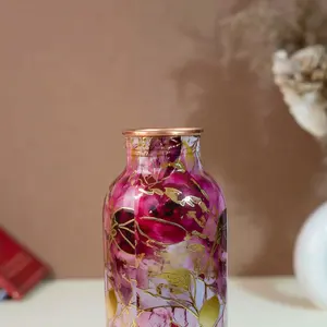 Bouteille d'eau en cuivre design, motif floral artistique, matériau en cuivre, impression Meena, couleur rose, finition brillante, taille 25,3 cm de hauteur - Product Image 4