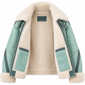 Mint Sage Green Womens Genuine Sheepskin Shearling Leather <b>Jacket</b> Cream <b>Fleece</b> Plush Lapel Buckled Collar Winter <b>Warm</b> Coat - Product Image 5