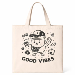 Sac fourre-tout en toile de coton 300 g/m² avec longues poignées, écologique, réutilisable, pour le shopping, impression personnalisée Good Vibes, vente en gros - Product Image 1