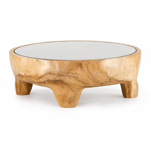 <b>Solid</b> Suar <b>Wood</b> Terra Circle Coffee Table Organic Contemporary Design Premium Quality Tempered Glass Top Living Room Furniture - Product Image 2