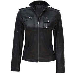 Chaquetas de cuero impermeables de invierno de color negro sólido de alta calidad para mujer, chaquetas de motociclista, chaqueta de cuero con logotipo grabado personalizado - Product Image 1