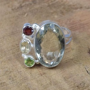 Wholesale Green Amethyst 925 Sterling <b>Silver</b> Natural Multi Gemstone <b>Ring</b> with Peridot <b>Garnet</b> Handmade Elegant Jewelry - Product Image 2