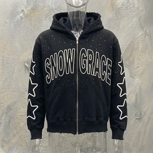 Sweat à capuche unisexe noir Snow Grace à fermeture éclair, coupe oversize, imprimé étoiles, en coton tricoté, décontracté, pour l'hiver - Product Image 3
