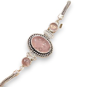 Pulsera de Cadena de Plata de Ley 925 Original para Mujer con 3 Piedras de Cuarzo Rosa Natural, Joyería Fina Hecha a Mano con Piedras Preciosas - Product Image 1