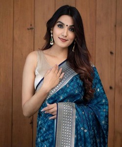 Traditional Blue Silk Saree With Silver Border And Tassels For Wedding Wear Indian Pakistani Ethnic Dress Women <b>Floor</b> Length - Product Image 4