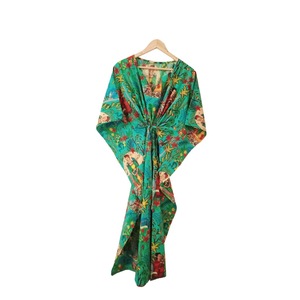 Túnica de Algodón con Estampado Floral Tejido, Estilo Indio, Cuello en V, Manga Corta, con Cordón Ajustable, para Mujer, Ropa de Playa, Verano, Casual, Holgada, Maxi - Product Image 1