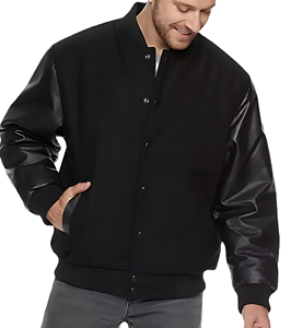 OEM Custom Men's Streetwear Varsity Jacket Stand Collar Wool Blend PU Sleeves Ribbed Trim Snap <b>Button</b> Closure Front Canvas - Product Image 1