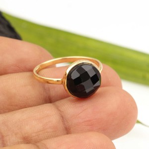 <b>Chunky</b> Natural Black Onyx 10mm Round Gold Plated Eternity Vermeil 925 Sterling <b>Silver</b> Stylish Handmade Fashion <b>Ring</b> For Women - Product Image 5