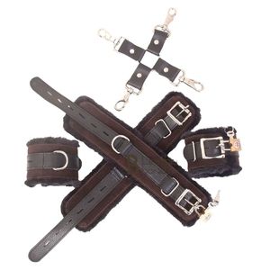 Real Leather Wrist To <b>Thigh</b> Restraints With Metal Hardware Brown Faux Fur Lined - Product Image 2