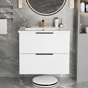 24-Inch Modern <b>Bathroom</b> <b>Vanity</b> Cabinet White Wall Mounted Floating Fluted <b>Vanity</b> with Drawers and Ceramic Sink - Product Image 1