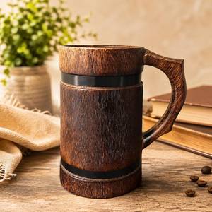 Mug en bois avec bandes métalliques, poignée de style vintage, design classique pour usage domestique, vaisselle réutilisable - Product Image 4