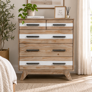 Commode haute en bois avec 5 tiroirs spacieux, commode de chambre en bois naturel, meuble de rangement contemporain - Product Image 6