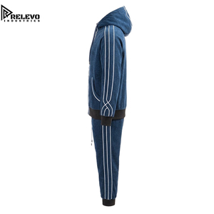 OEM High Quality <b>Men</b> Blue Textured Tracksuit, Complete Two-Piece Set Featuring a Full-Zip Hooded <b>Jacket</b> with Contrast Piping - Product Image 3
