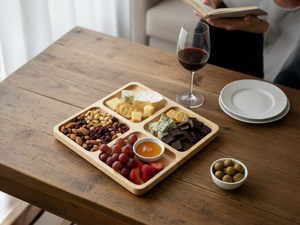 Plateau de service carré en bois de frêne rustique à 4 compartiments, plateau à collations, plateau à apéritifs, planche à charcuterie, qualité professionnelle pour la restauration - Product Image 3