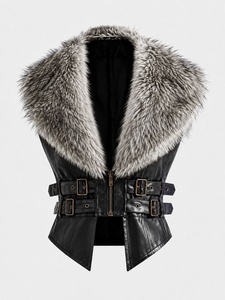 Veste en simili cuir pour femme avec col en fausse fourrure et fermeture éclair - Product Image 1