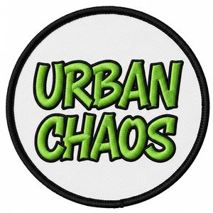 Patch brodé thermocollant rond personnalisé en tissu, motif Urban Chaos avec lettrage vert, pour vêtements, vestes, sacs et décoration, vente en gros - Product Image 1