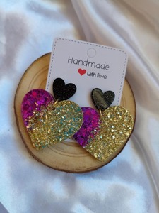 Handmade Heart Shape Glitter Earrings <b>Pink</b> Gold Black Fashionable Valentine'S Day <b>Gift</b> Plastic Resin Jewelry Set - Product Image 6