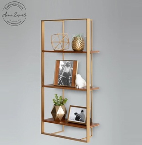 Estante de pared moderno de metal y madera con marco dorado Diseño abierto contemporáneo para sala de estar Dormitorio y decoración de oficina - Product Image 1